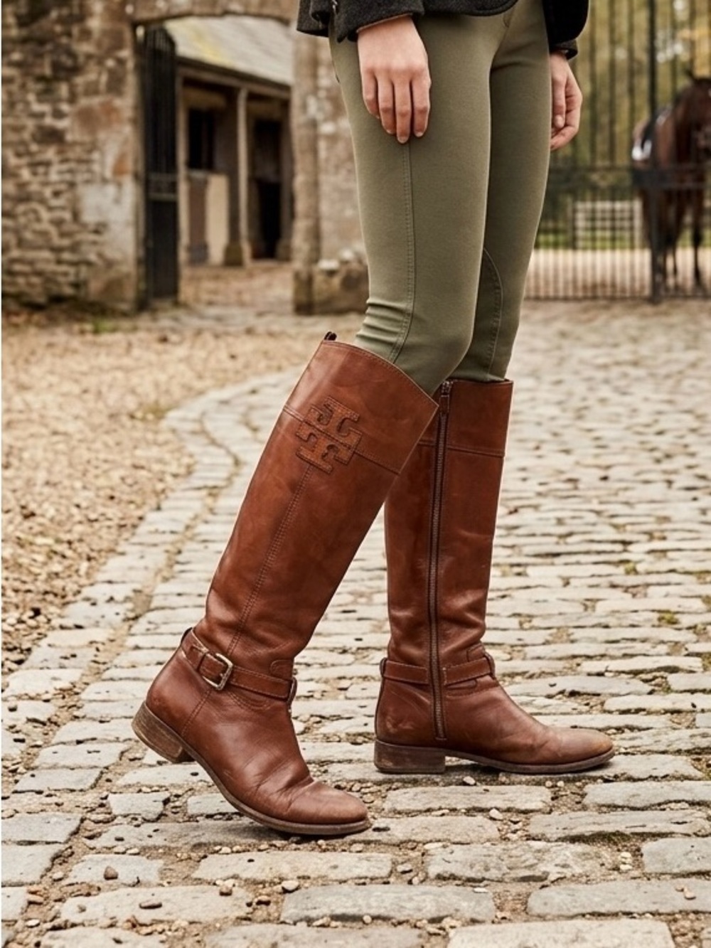 TORY BURCH Brown Leather Riding Boots Size 8M Tall Knee High Logo Buckle Zip